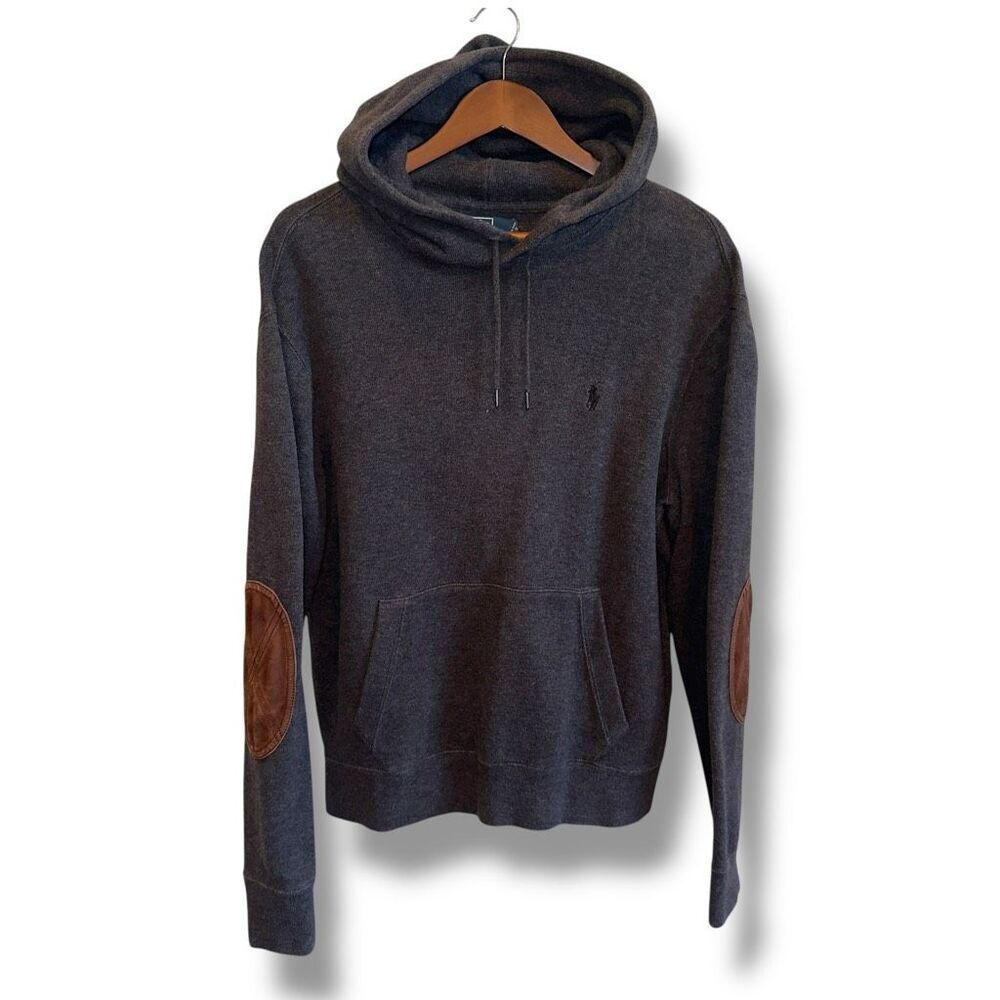 Polo Ralph Lauren Charcoal Gray Leather Elbow Patch Hoodie Size M